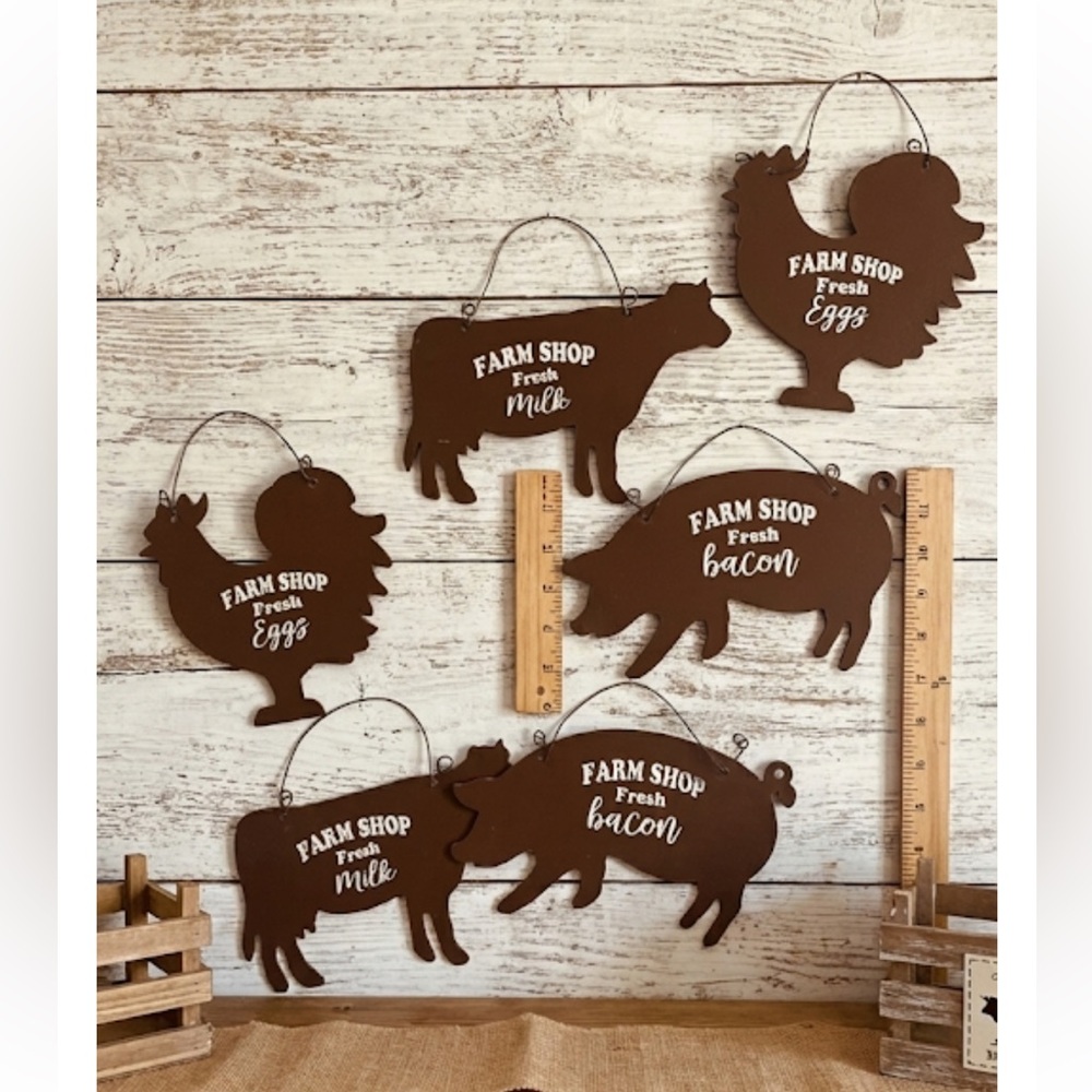 ROOSTER CHICKEN COW PIG ORNAMENT SET Country Rustic Farm Home Christmas Decor